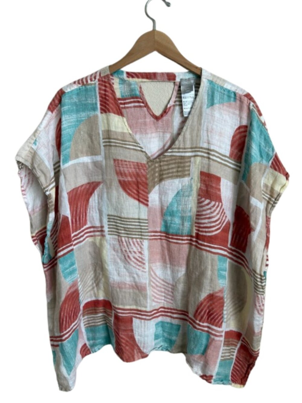 Chico's 100% Linen Abstract Geometric Print Boxy Tunic Top L/XL Coral Teal Beach